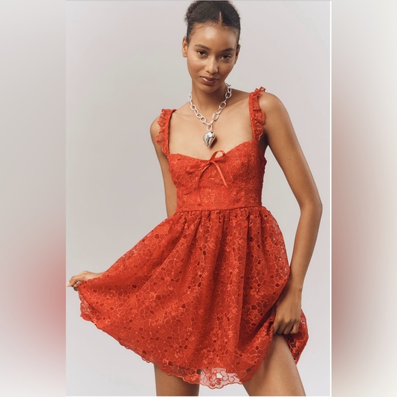 NWT By Anthropologie Ruffle-Strap Corset Lace Mini Dress Sz M - Picture 2 of 13